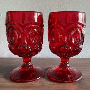 Vintage MCM Ruby Red Moon and Star Footed Glass Goblet Pair *Cadmium Glo…